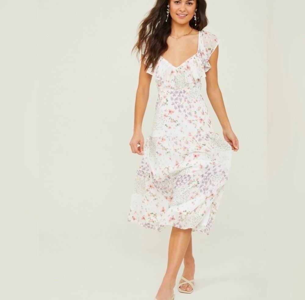 Altar'd State Floral Ruffle Midi Dress XXL White Tiered Cutout Romantic Flowy